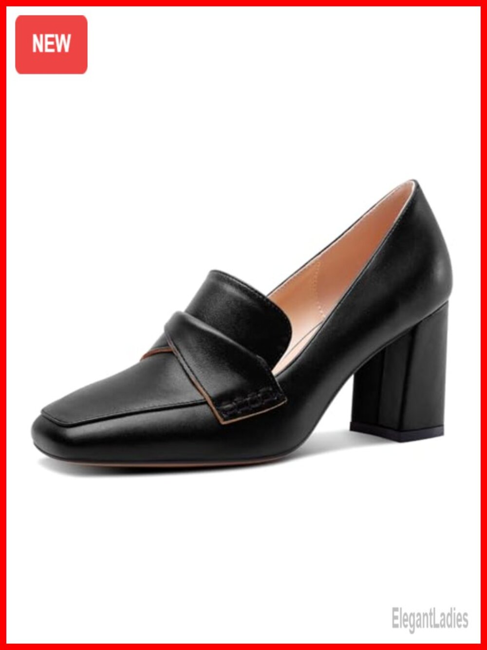 Chunky Block Mid Heel Square Toe Pumps Slip-on Loafers Office Basic 3.2 Inches